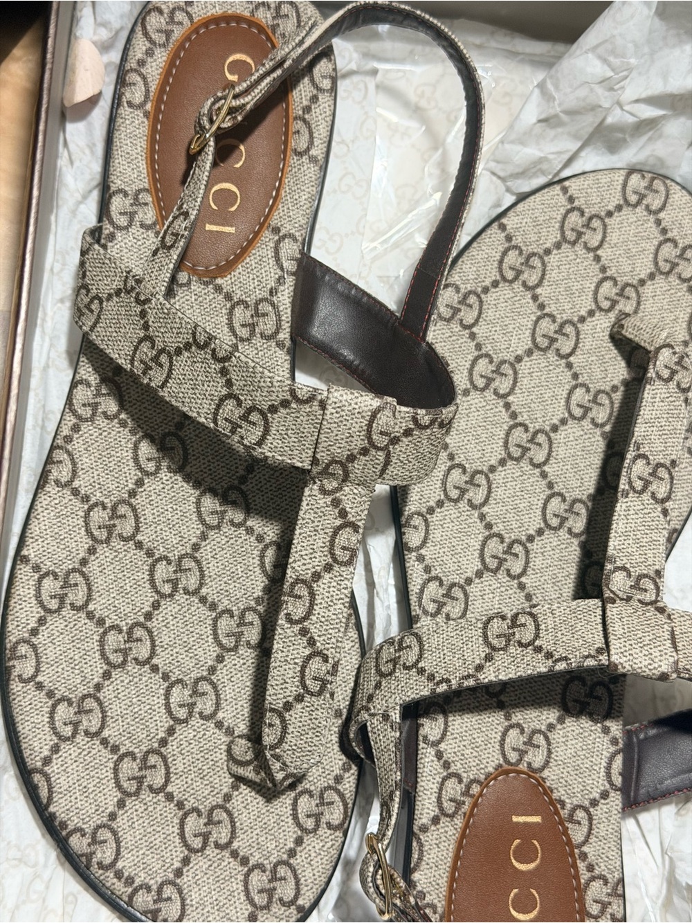 Gucci Beige and Brown Monogram Slingback Sandals